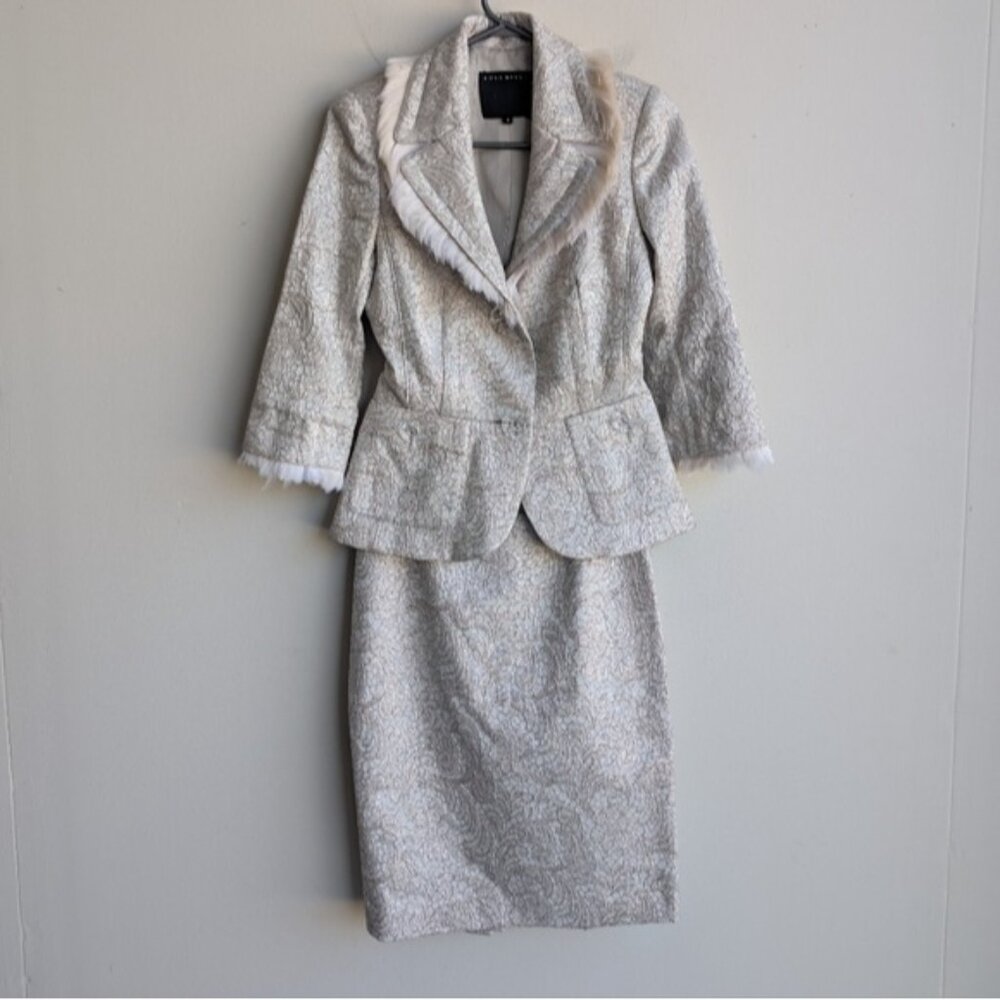 Ross Mayer gold/silver couture two piece suit skirt set With Feather Trim